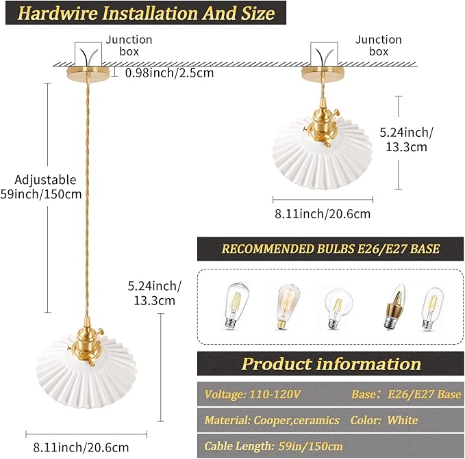Shenmoyl Pendant Light with White Pleated Ceramic Lmapshade, Brass Vintage Pendant Light Adjustable Hanging Light for Kitchen Island Dining Room Hallway