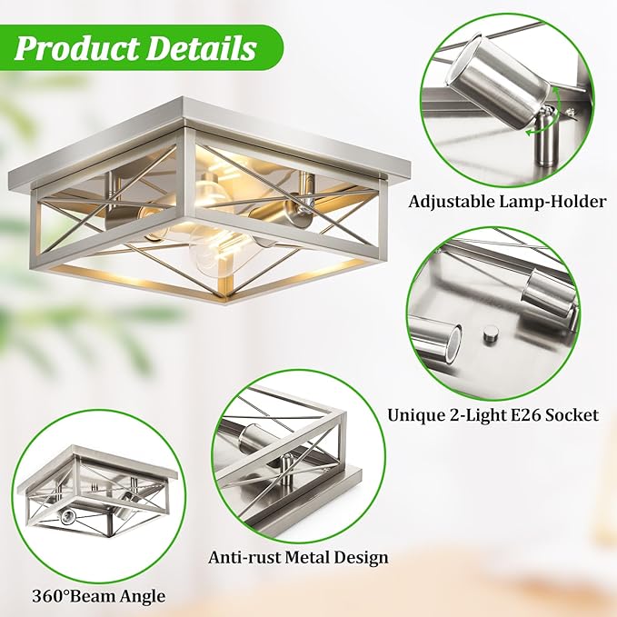 Brushed Nickle Hallway Light Fixtures, 2-Light Modern Farmhouse Flush Mount Ceiling Lights, 2-Pack Chrome Kitchen Light Fixtures, Square Close to Ceiling Lights for Bedroom Living Room Entryway