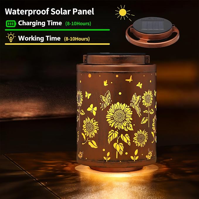 Solar Outdoor Lanterns, Butterflies Garden Decor LED Light Hanging Waterproof Solar Metal Lantern Gifts for Women Mon Grandma Sunflower Solar Lights Outdoor Decoration for Yard