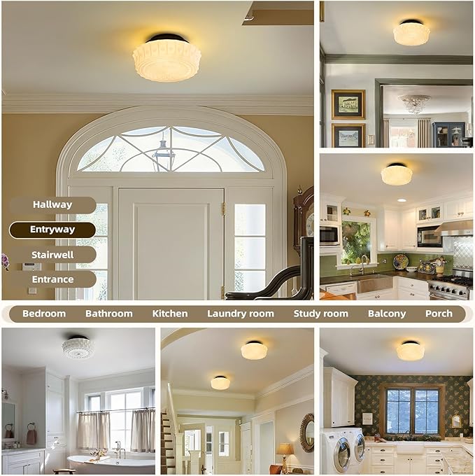 Milk Glass Schoolhouse Ceiling Light - Small 12 Inch Vintage Mid Century Modern Flush Mount Lighting Fixtures - Antique Art Deco Lamp for Hallway Bedroom Kitchen Entryway Laundry Foyer Bathroom Hall