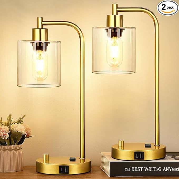Lynnoland Set of 2 Industrial Table Lamps with USB Port, Gold Fully Stepless Dimmable Bedside Lamps for bedrooms, Nightstand Desk Lamp with Clear Glass Shade for Reading Living Room Office 2 LED Bulb