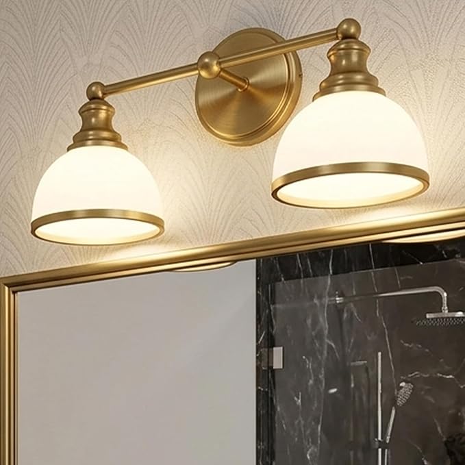 Hamilyeah 2-Light Gold Bathroom Vanity Light, Brushed Gold Wall Light Fixture with Milky White Glass Shades, Vintage Vanity Lighting for Bathroom, Powder Room, Bedroom, Hallway