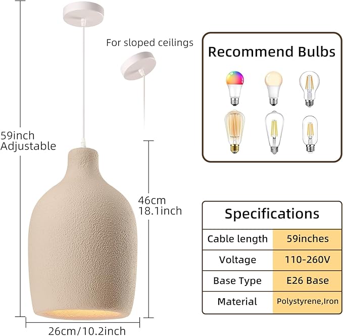 JAYMP Wabi Sabi Pendant Light for Dining Room Kitchen Island Light Hallway Restaurant Hanging Lamp E26 Base Japanese Style Wine Bottle Shape Fixture, 1 Pack (Light Brown,C Shape, D26×H46cm)