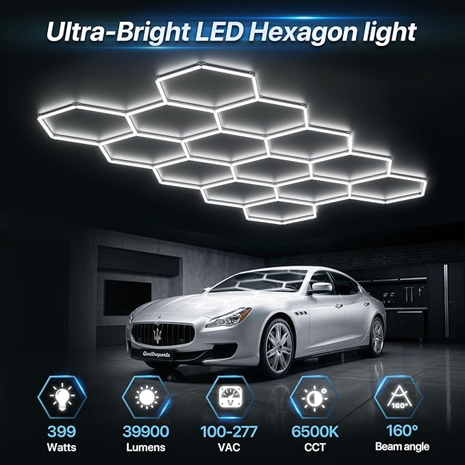 HYPERLITE Gen 2 Hexagon Garage Lights: 399W 39900LM 14 Grids Hexagon Led Light, 6500K Ultra Bright Honeycomb Hex Lights, Easy Install, Durable Design for Garage, Car Detailing, Workshops, Shops, Gym