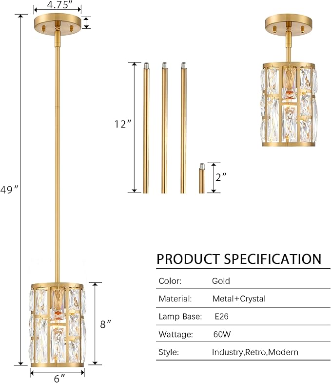 MEXO Modern Crystal Pendant Light Fixture 2-Pack Gold Finish Hanging Lighting Crystal Chandelier for Kitchen Island