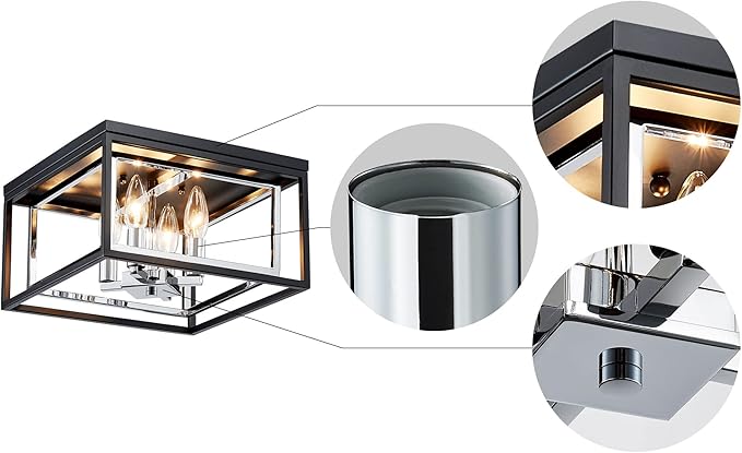 AGV LIGHTING CL035S Modern Flush Mount Ceiling Light Fixture, Square Ceiling Light, E12 Base 3-Lights, L12 x W12 x H7, Matte Black & Chrome Finish