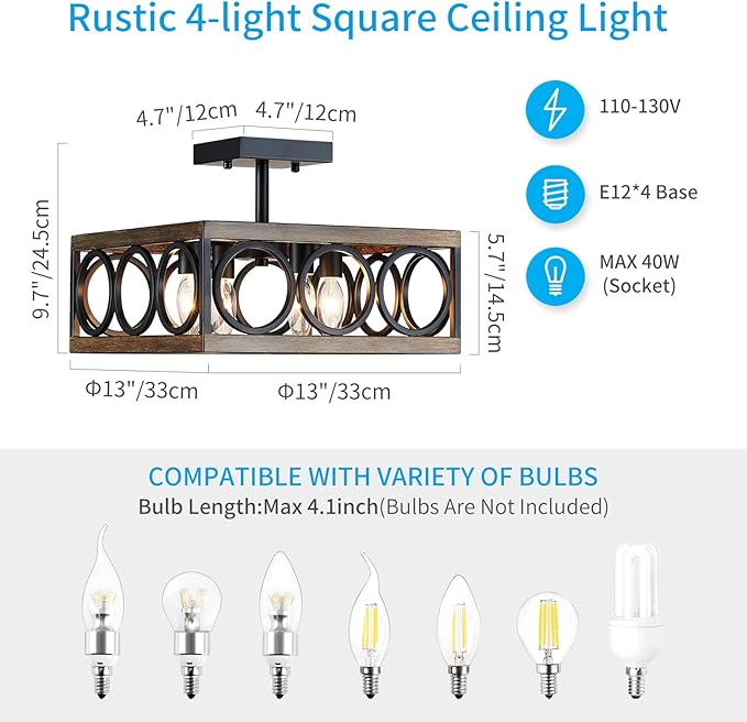 XINGQI Modern 4-Light 13'' Farmhouse Vintage Semi Flush Mount Ceiling Light Fixture for Living Dining Room Bedroom, Antique Wood Grain+Black Finish with Square Metal Shade,E12 Bulbs