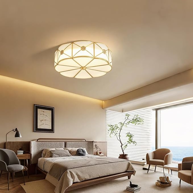 MIXL- Mid Century Brass Flush Mount Ceiling Light, 6-Light LED Brass and Glass Ceiling Lamp, Frosted Glass Shade Modern Light, Close to Ceiling Light Decorative for Bedroom Living Room(23.62" W)