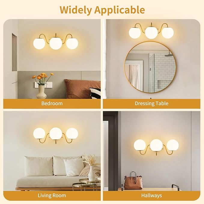 3 Lights Vintage Bathroom Vanity Light Fixtures Over Mirror, Brushed Gold Vanity Lights For Bathroom With Milk White Glass Globe Shade, Wall lights For Bedroom, Hallway, Dressing Table,Includ G9 Bulbs