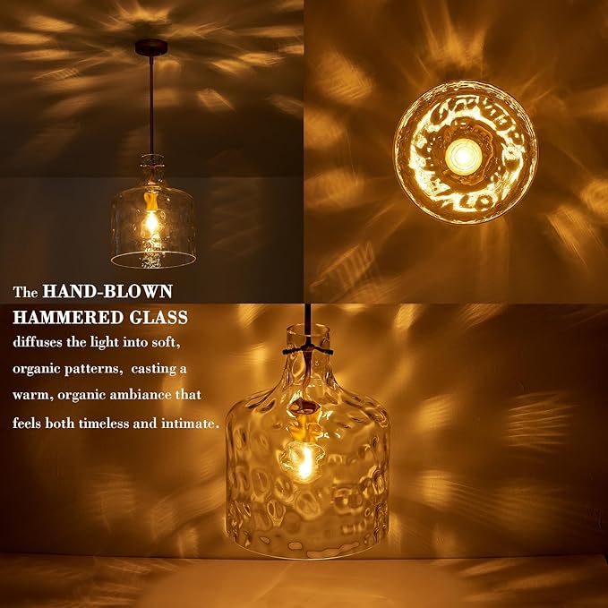 VILUXY Large Modern Glass Pendant Light Fixture Hand-Blown Hammered Glass Shade 1-Light Gold Dome Pendant Lighting for Kitchen Island Dining Room Hallway, UL Listed