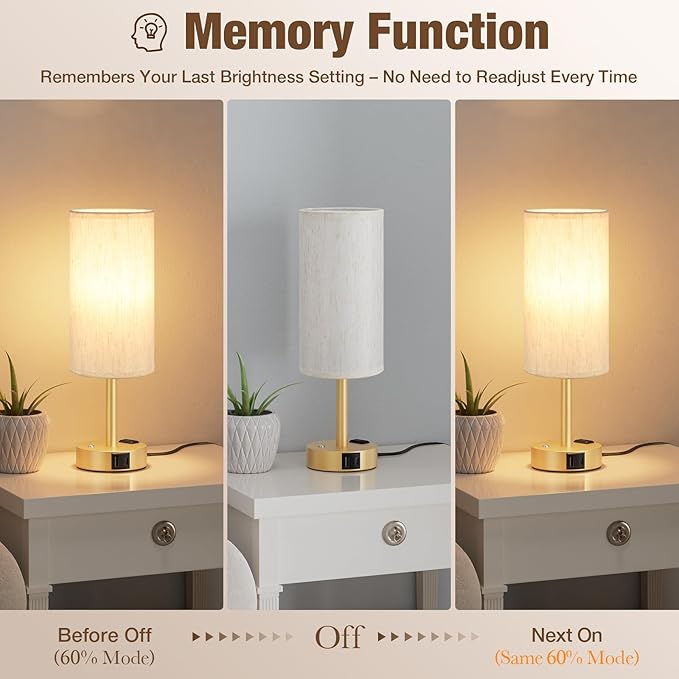 Touch Bedside Table Lamp with Memory - Stepless Dimmable Lamp for Bedroom, Small Nightstand Lamp with Dual USB Charging Ports and AC Outlet, Wood Night Light, Deak Lamp for Nursery (Cream & Gold)