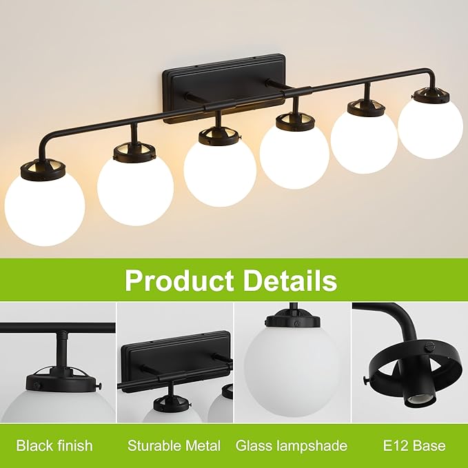 Bathroom Light Fixtures Over Mirror, 6-Light Matte Black Vanity Lighting with Milk White Glass Globe Shades Modern Wall Sconce