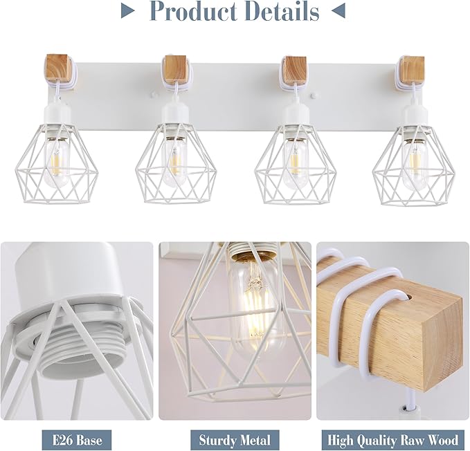 Farmhouse Vanity Light for Bathroom, 4-Light White Wood Bathroom Vanity Light Fixtures Over Mirror, Rustic Sconces Wall Lighting with Metal Lampshade for Living Room, Bedroom, Hallway