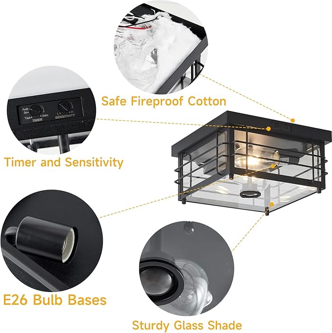 Yisuro Outdoor Ceiling Light with Motion Sensor Flush Mount Farm House Porch Light Ceiling Mount Adjustable 3 Modes Squares for Patio,Porch,Garage (Black-Square)