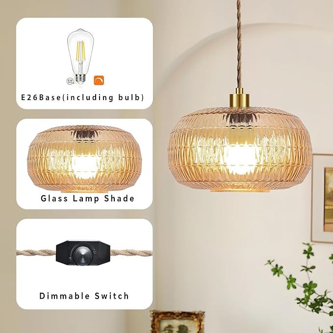 QIYIZM Plug in Pendant Light Hanging Lights with in Cord Mid Century Modern Gold Hanging Lamp Flower Glass Amber Vintage Dimmable Chandelier Ceiling Fixture for Living Room,Kitchen,Boho