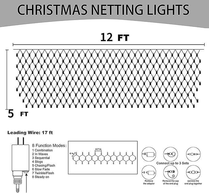 Dazzle Bright Christmas Net Lights, 360 LED 12FT x 5 FT Transparent Wire Waterproof Connectable String Lights with 8 Modes Christmas Outdoor Lights for Bushes Garden Party Holiday Decoration (Red)