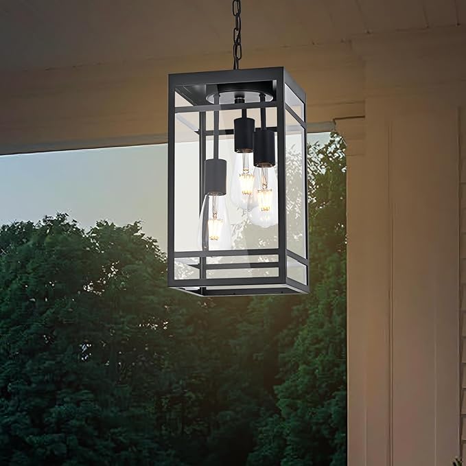 Large Outdoor Pendant Light for Porch, Black 3 Lights Outdoor Pendant Light Fixtures, Modern Hanging Light Fixture, Exterior Chandelier Hanging Lantern for Patio,Front Door