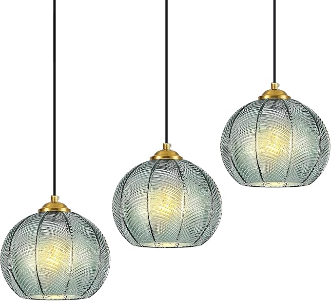 Mikeru 3-Pack Mint Glass Pendant Lights Kitchen Island Lighting Single Globe Pendant Light Fixtures Century Modern Kitchen Island Pendant Lighting for Bedroom Living Dining Room Light (Without Bulbs)