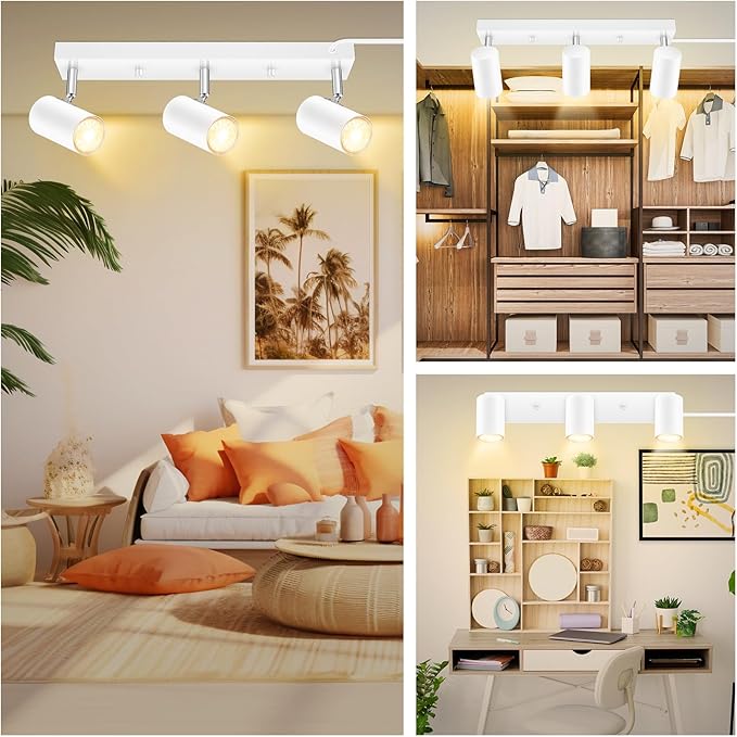 AUQUEE 3 Light Track Lighting Kit,White 3 Way Flexible Plug in Ceiling Spotlight,Industrial LED Wall Light for Kitchen Cabinet Gallery Bar Hallway Living Room,Rocker Switch,15 ft Cord(No Bulb)
