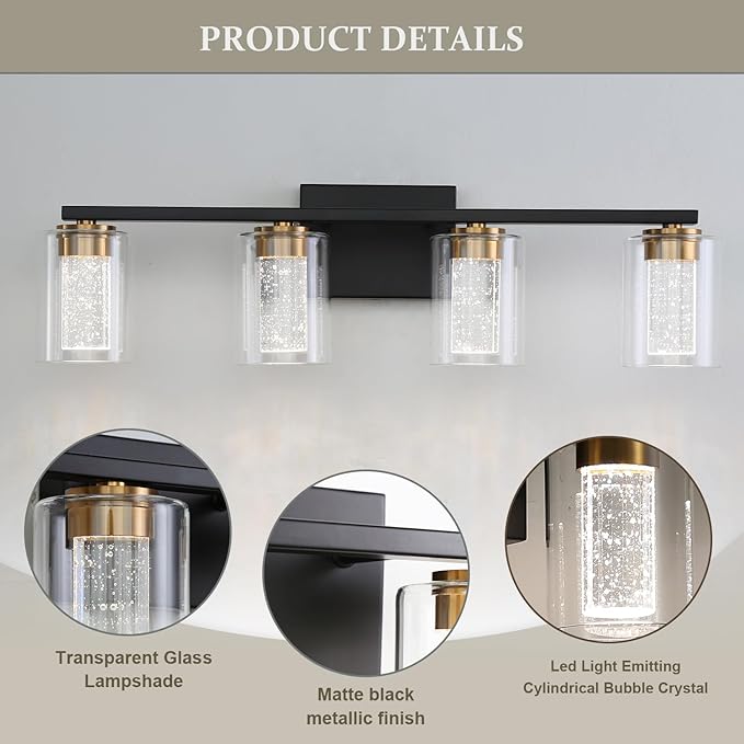 EMONG 4-Light Black&Gold Bathroom Light Fixtures,Dimmable 5CCT LED Vanity Lights with Clear Glass,2700K-6500K Adjustable Crystal Bubble Black Bathroom Vanity Light Over Mirror for Hallway