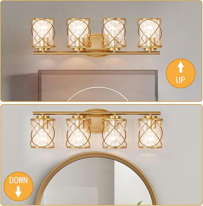 mavcadonf Bathroom Vanity Light Fixtures Over Mirror, 4 Lights Modern Bathroom Wall Lamp for Mirror Kitchen Living Room Hallway Cabinet Porch, Farmhouse Wall Lights with Cage Shade, Brushed Gold