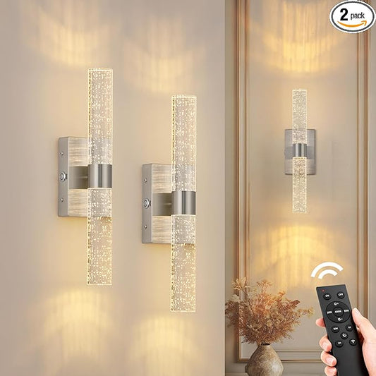 Brushed Nickel Battery Operated Wall Sconces Set of 2, 20000mAh Rechargeable Wall Light with Remote Control, 3000K-6000K Dimmable LED Wireless Sconces for Bedroom, Living Room, 15.6 Inch