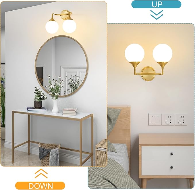 Gold Bathroom Light Fixtures, Modern Vanity Lighting Over Mirror, Mid Century Modern Matte Black Wall Sconce 2-Light with Milky White Glass Ball Shades