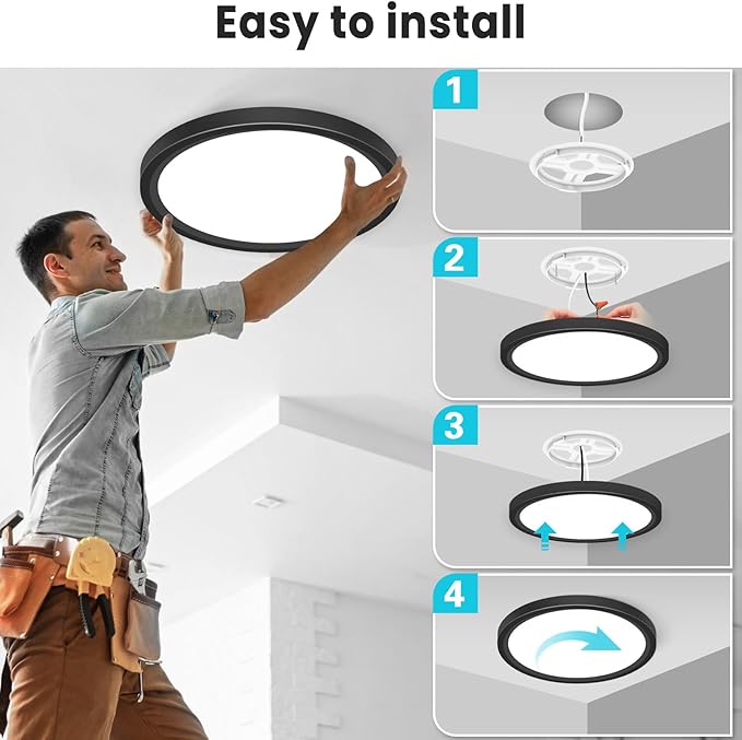 libtit 12 inch Flush Mount LED Ceiling Light Fixture, 3000K 4000K 6500K Adjustable, 28W 3200lm Black Round Lighting Fixtures for Bathroom Shower Hallway Kitchen