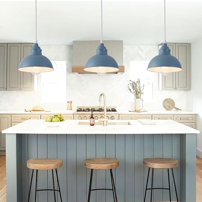 Plug in Pendant Light, 15FT Hanging Lights, On/Off Switch, Industrial Pendant Light with Plug in Cord, Metal Hanging Lamps for Living Room, Kitchen, Dining Room Blue