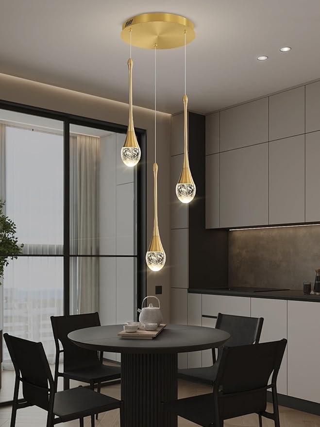 ykolupty 3-Light Gold Chandelier with Dimmable Ceiling Light Crystal Pendant Light for Kitchen Island, Dining Room, Living Room, Entry Hallway