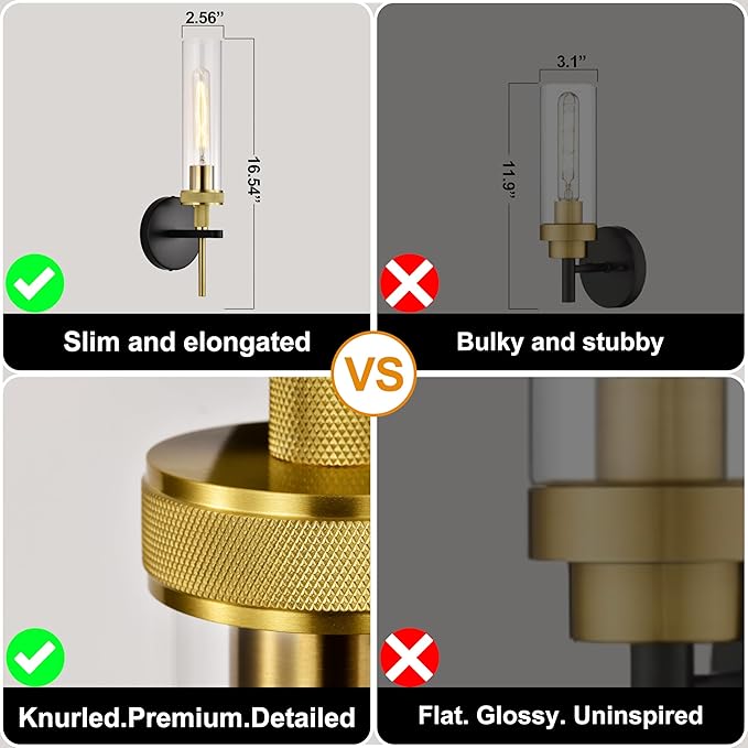 LaLuLa Black and Gold Bathroom Light Fixtures Over Mirror, Wall Sconces Set of 2 with Knurled Texture, Modern Hardwired Vanity Lights with Clear Glass Tube Shade for Bathroom，Bedroom