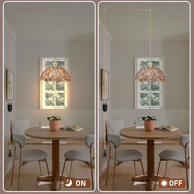 Plug in Pendant Light Fixtures,Hanging Light Fixture Amber Glass Pendant Light 10.6in E26 Pendant Lighting for Kitchen Island, Bedroom, Dining Room, Living Room 2pack