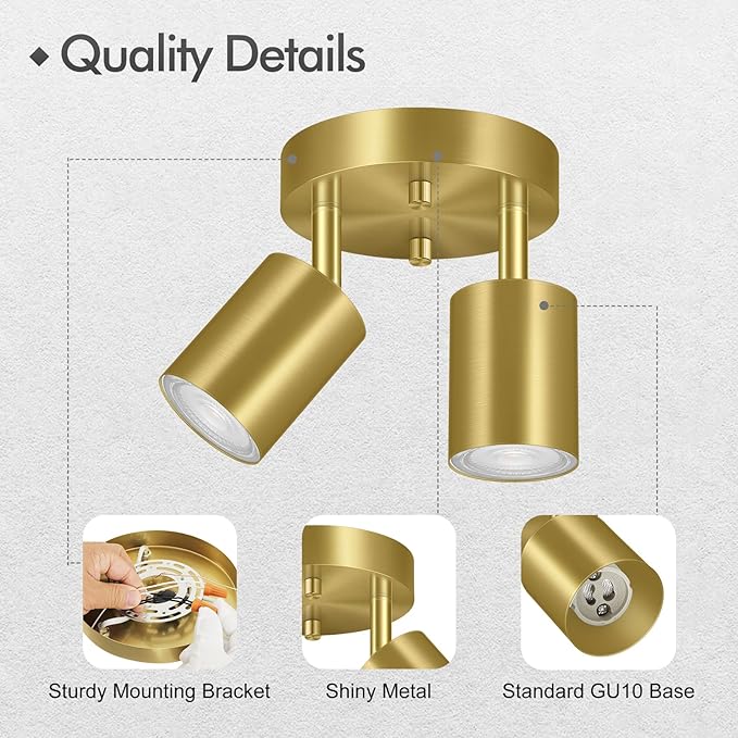 2 Light Track Lighting Fixtures Ceiling, Gold Round Directional Ceiling Spotlight, GU10 Flush Mount Ceiling/Wall Fixture, Adjustable Modern LED Track Lights for Kitchen/Living Room, Bulb Not Included
