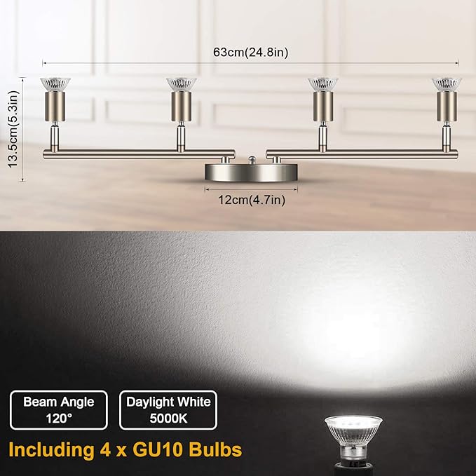 Ascher 4-Light LED Track Lighting Kit, Flexibly Rotatable Light Heads, 4 Way Ceiling Spotlight Matt Nickel Finish, Including 4 GU10 LED Bulbs (4W 400LM Daylight White 5000K)