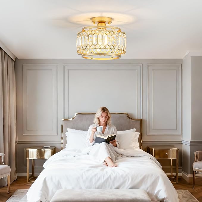 Modern Gold Crystal Flush Mount Ceiling Light with LED Bulb (50% Brighter) – 11.4" Dimmable Chandelier for Dining Room, Bedroom – Reinforced Iron Frame & K9 Crystals – Easy Install
