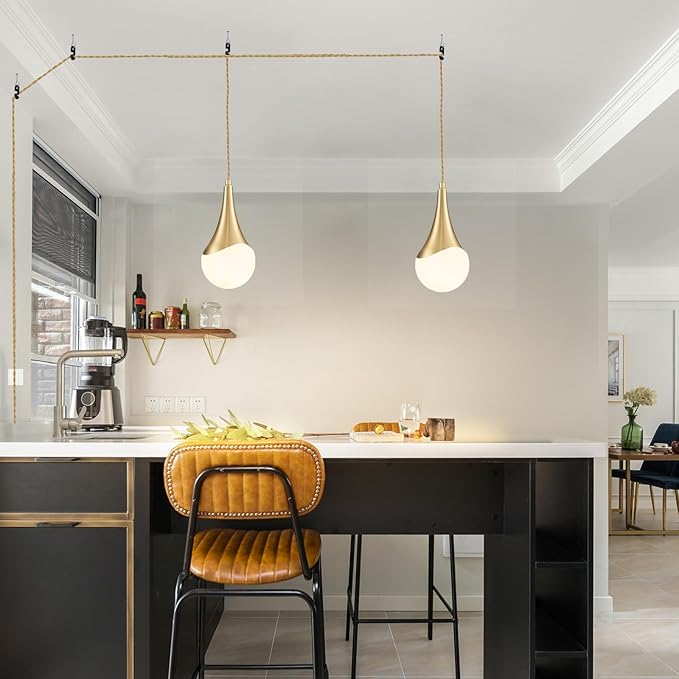 MWZ Gold Plug in Pendant Light,Hanging Lights with Plug in Cord On/Off Switch, Mini Brass Pendant Lights for Kitchen Island,1-Light Modern Raindrop Chandelier Lamps with Milky White Globe Glass Shade