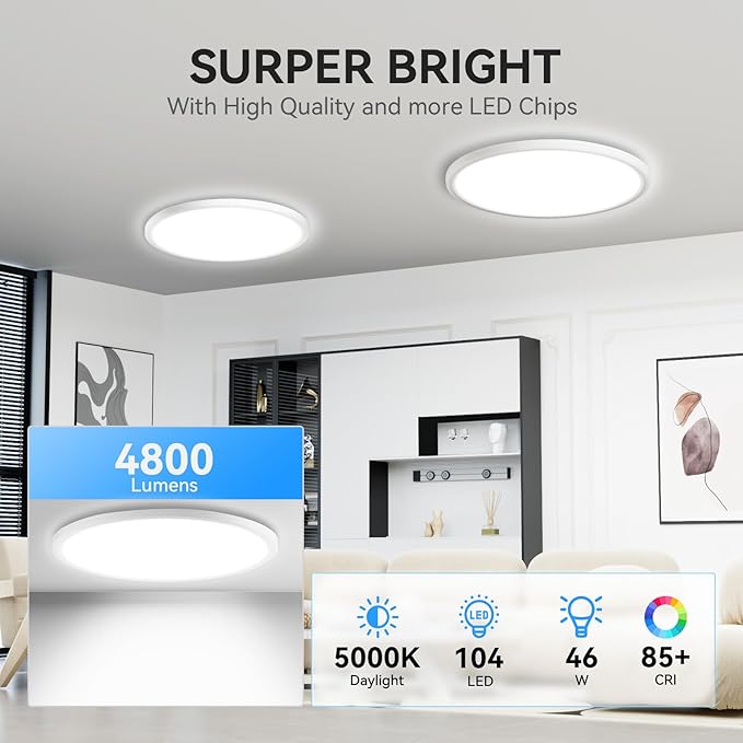 Super Slim 16" LED Flush Mount Ceiling Light, 5000K for Bedroom, Living Room, Dining Room (White, One Pack)