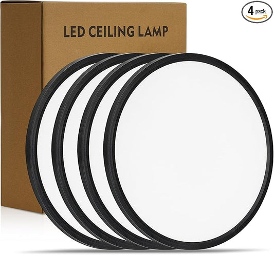 14.9 Inch 4PK LED Flush Mount Ceiling Light, ETL ,32W, 3343LM, 3000K/3500K/4000K/5000K/6500K CCT Selectable, 0.66in Ultra Thin Round Flat Panel Ceiling Light Fixture for Bedroom, Kitchen, (Black)