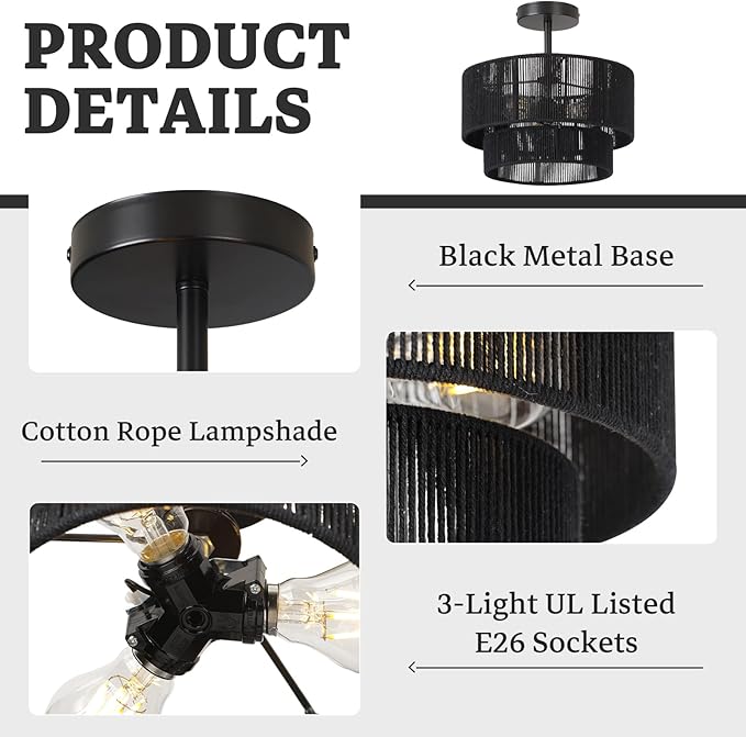 Rattan Ceiling Light Fixture,Boho Style Semi Flush Mount Ceiling Light, 12.6Inch Farmhouse Rattan Light Fixture with Black Woven Drum Lampshade for Entryway, Foyer, Kitchen