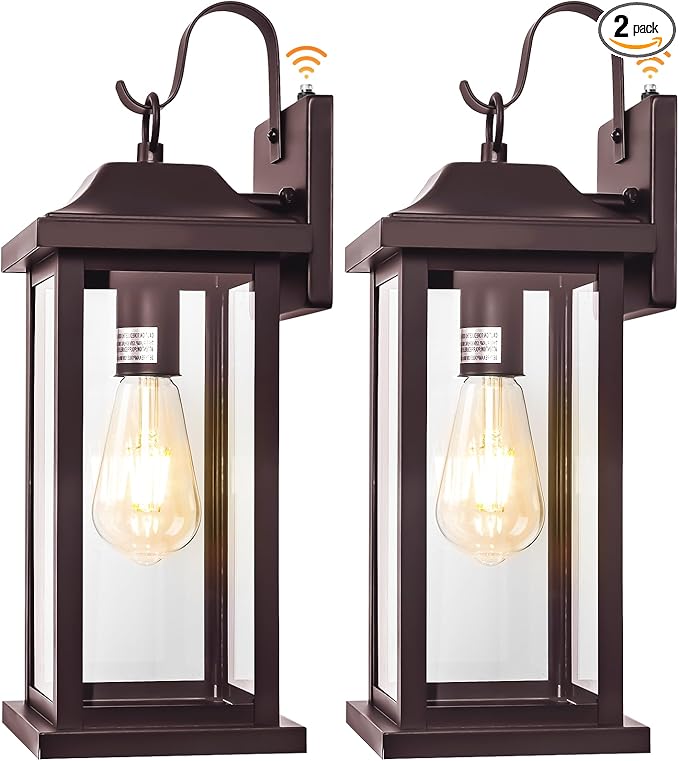 Dusk to Dawn Outdoor Wall Sconces Bronze 2-Pack 17 Inch Large, IP65 Waterproof Exterior Light Fixtures Porch Lights Brown with Clear Tempered Glass E26 Outdoor Light Fixture Anti-Rust