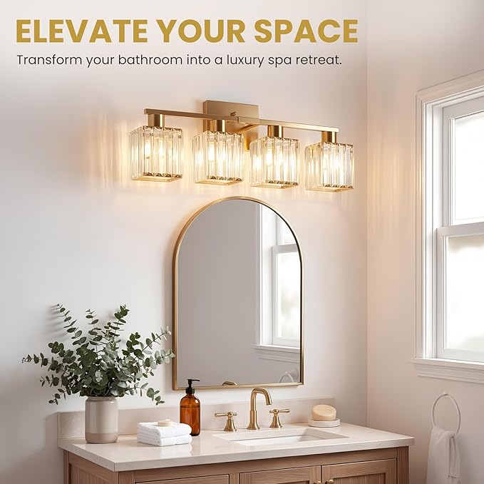 Crystal Bathroom Light Fixtures, 4-Light Brushed Gold, Vanity Lights for Bathroom Over Mirror, Modern Bath Wall Sconce for Mirror Bedroom Living Room