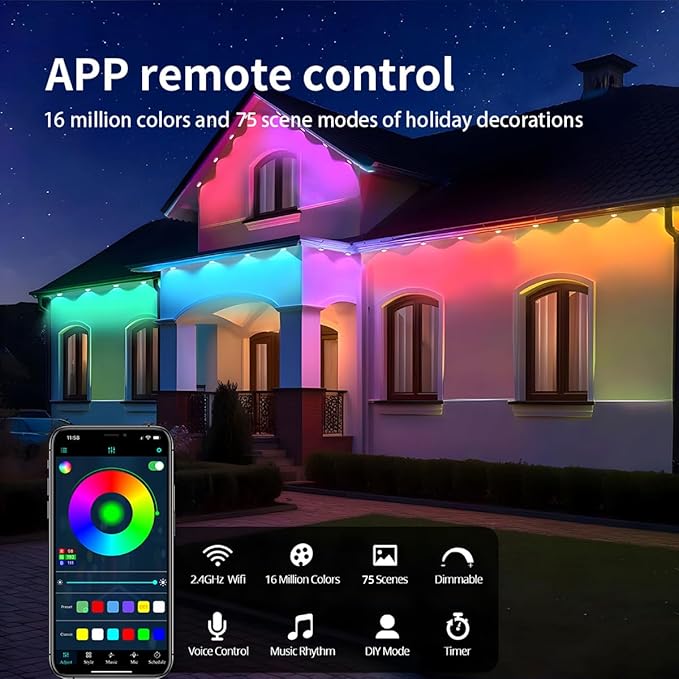 GAINTLUMI Permanent Outdoor Light,50ft with 30 LED Eaves Lights,Smart RGB Outdoor Lights with 75 Scene Modes,IP67 Waterproof,for Halloween Decorations,Christmas,Holiday,Party,with App and Remote