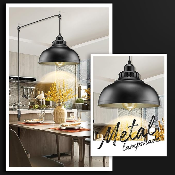 Plug in Pendant Light, 15FT Hanging Lights with Plug in Cord, On/Off Switch, Industrial Pendant Light with Plug in Cord, Metal Hanging Lamps for Living Room, Kitchen