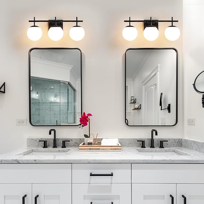 AIJIASI Black Bathroom Vanity Light, 3-Light Bathroom Lighting Fixtures Over Mirror with Milky White Globe Glass Shade, Mid Century Modern Vanity Lights Fixture Over Mirror 22.4 Inch