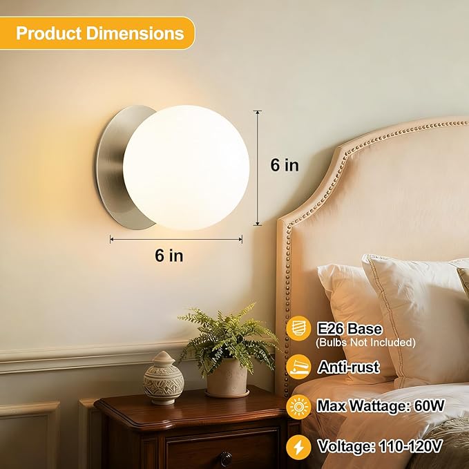 2 Pack Modern Brushed Nickel Wall Light Fixtures, Mid-Century Globe Glass Wall Sconces Set of Two for Bathroom Mirror, Living Room, Hallway, Entryway (Bulbs Not Included)