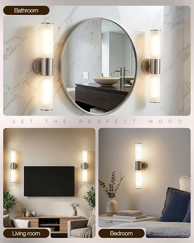2-Light Bathroom Vanity Lighting Fixture, Brushed Nickel Wall Sconce with Opal White Glass, E26 Stocket Indoor Wall Lamp, Modern Mirror Light. 2 Pack