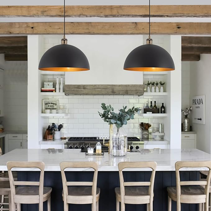 13.78" Modern Industrial Black Pendant Lights Farmhouse Dome Black Gold Pendant Lighting Vintage Golden Pendant Light for Kitchen, Dining Room, Bedroom, Hallway, Living Room, Set of 2
