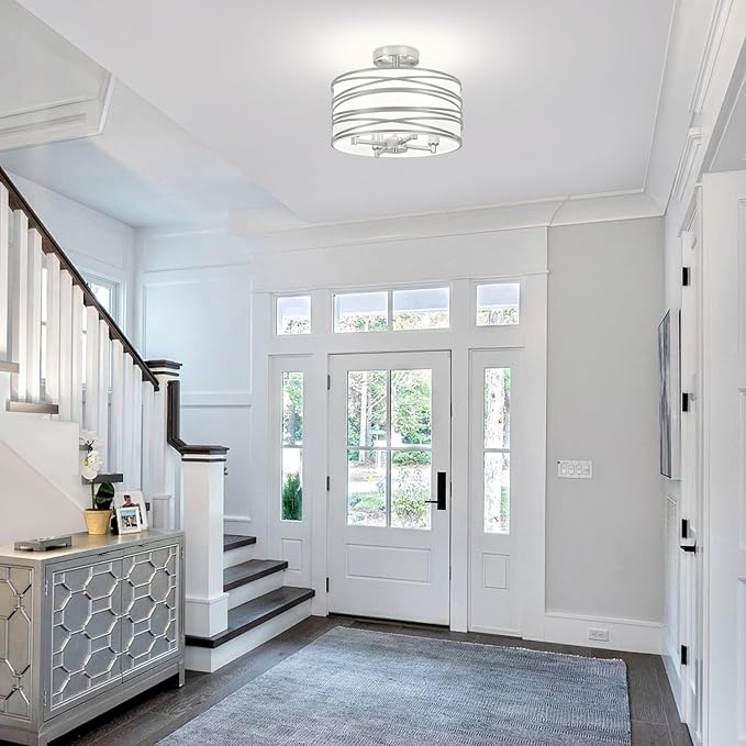 TOULMJ 4-Light Semi Flush Mount Ceiling Light, Brushed Nickel Drum Chandelier with White Fabric Shade, Modern Farmhouse Light Fixtures for Kitchen Island Laundry Room Hallway Dining Room