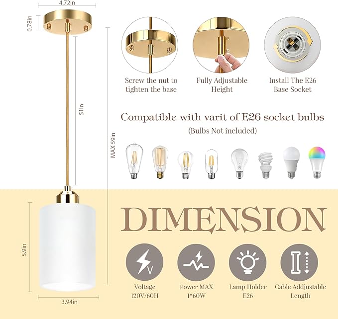 3 Pack Pendant Lights Kitchen Island, Gold Pendant Light Over Island, Modern Glass Island Lights for Kitchen,Adjustable Length, Perfect for Dining Room and Home Decor