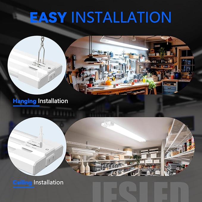 JESLED 4FT LED Shop Lights, 3CCT Selectable 4000K/5000K/6500K, Adjustable 30W/40W/50W, 7500LM(300W Eqv), Linkable Utility LED Light for Garage, Plug & Play, Ceiling or Hanging Mount, ETL, 6-Pack